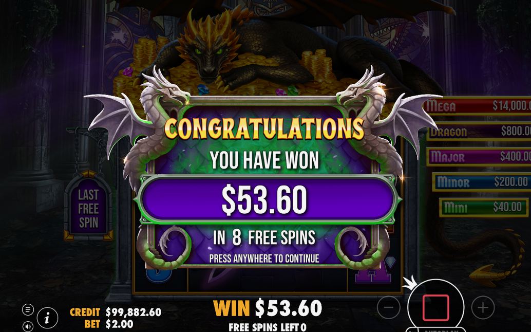 Win screen with the total paid for the round